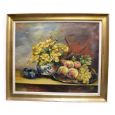 Jhane JONCHERY (XIXe~XXe siecle)  "Nature mortes aux ﬂeurs et aux fruits : pêches, raisins, prunes"