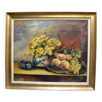 Jhane JONCHERY (XIXe~XXe siecle)  "Nature mortes aux ﬂeurs et aux fruits : pêches, raisins, prunes"