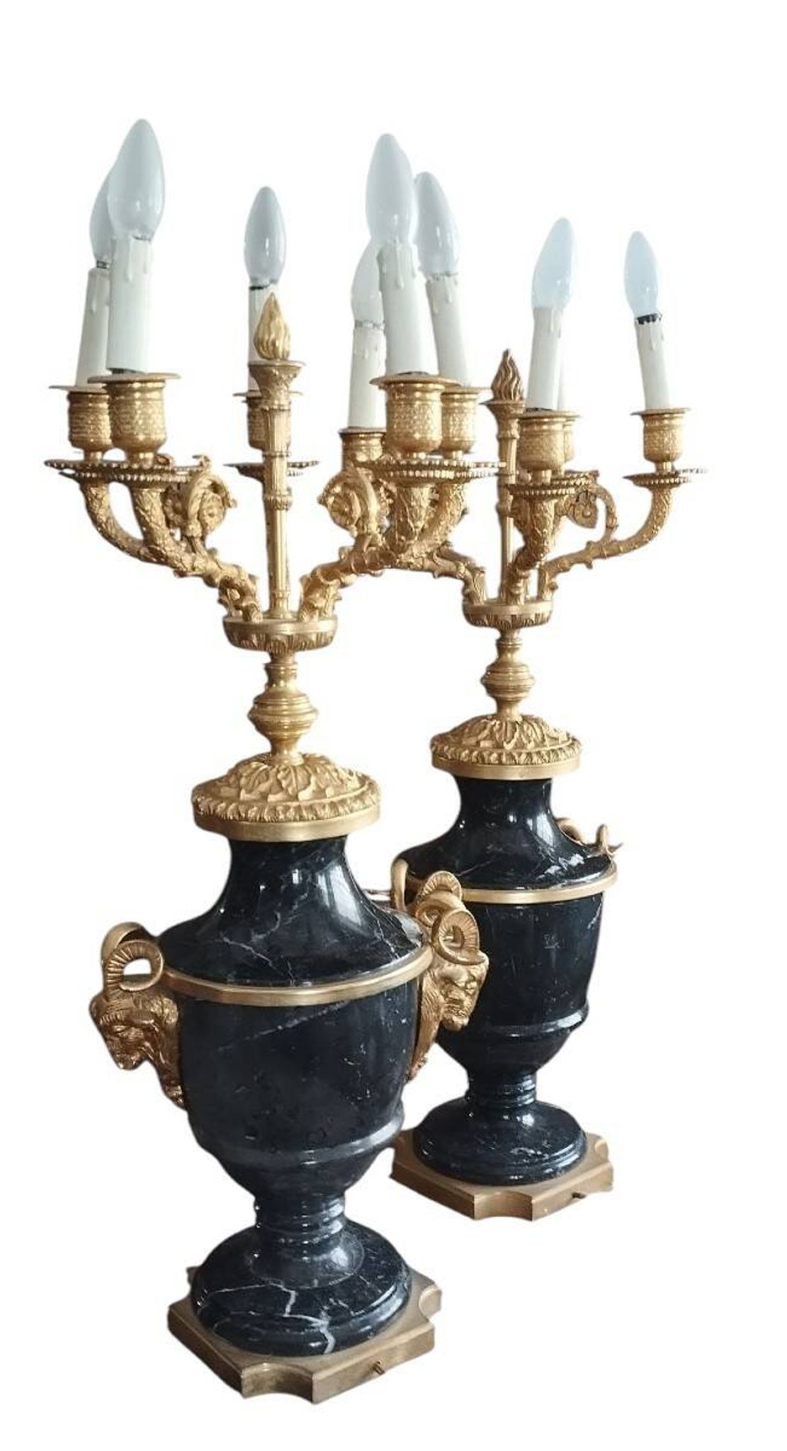 Antique Lumi pair of large marble and mercury-gilt bronze candelabras