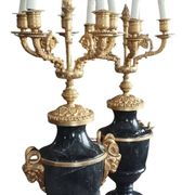 Antique Lumi pair of large marble and mercury-gilt bronze candelabras