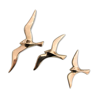 Flight of 3 golden brass wall seagulls