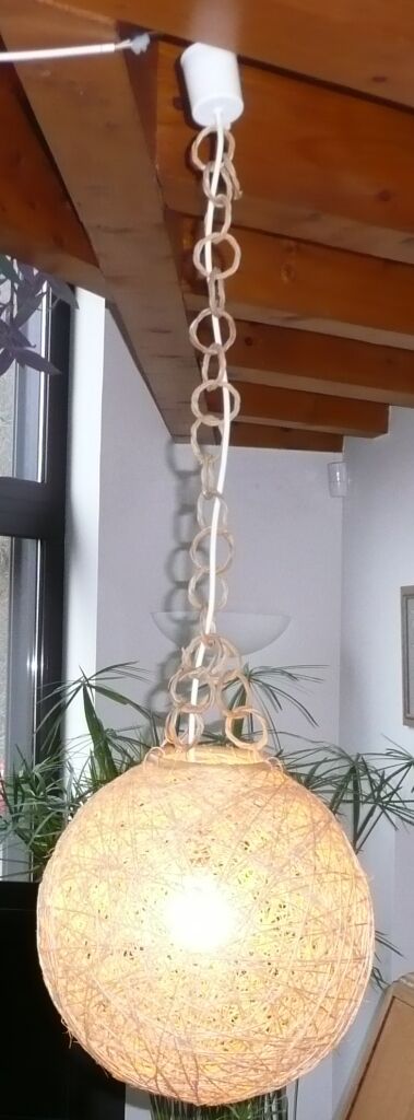Scandinavian rope suspension, rattan and straw ball, 60's