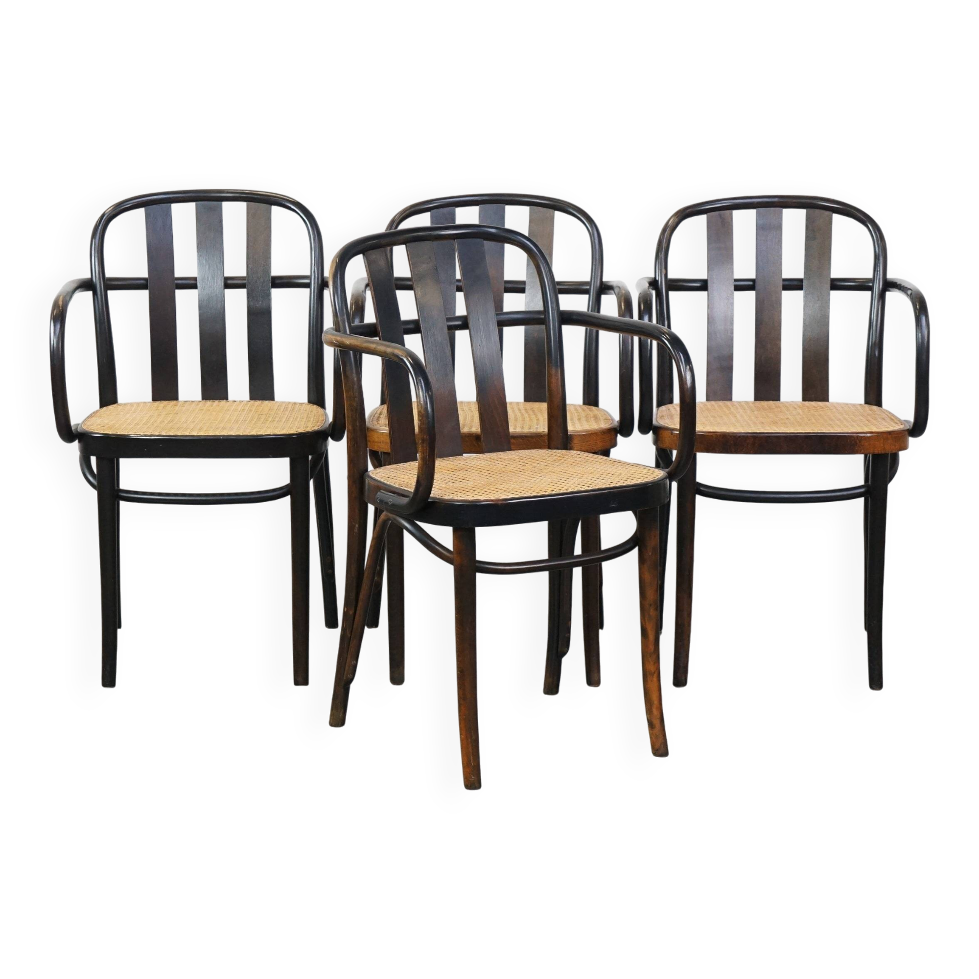 Set of 4 vintage wooden design dining/bistro chairs with woven seats