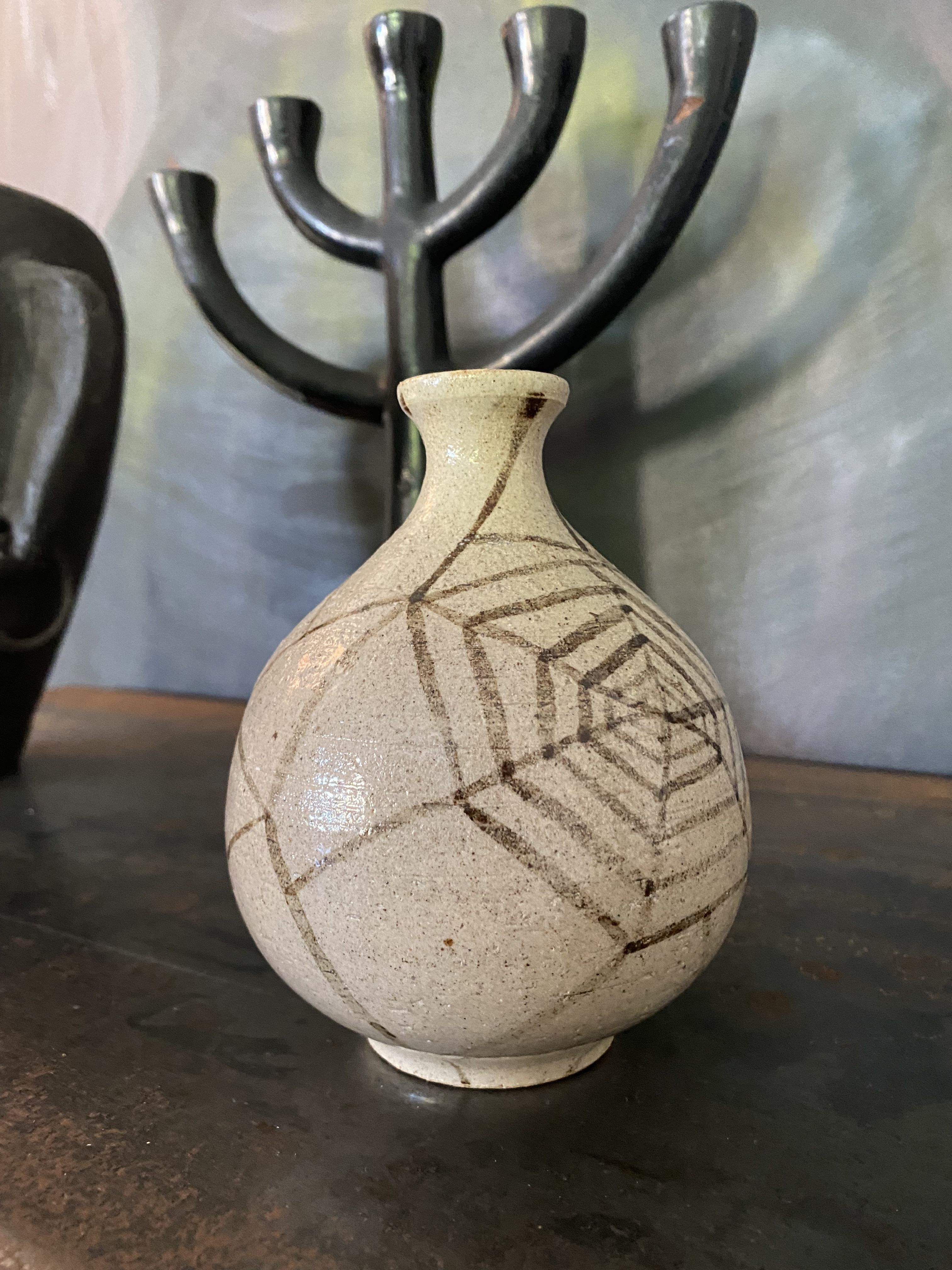 Vase ball ceramic vintage spider pattern signed mid century