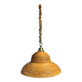 Mid-Century Italian Pencil Reed Rattan Bamboo and Brass Pendant, 1970s