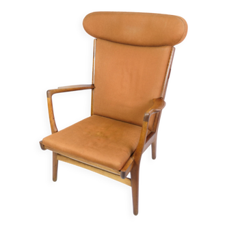 Fauteuil Modèle AP 15 Fabriqué En Chêne Avec Tissu Orange Par Hans J. Wegner Pour AP Chair Des Années 1950