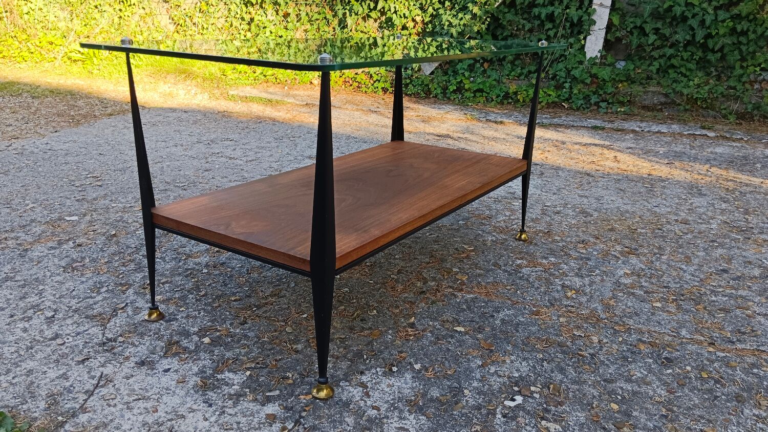 Coffee table in glass, wood and steel, mid-20th century.