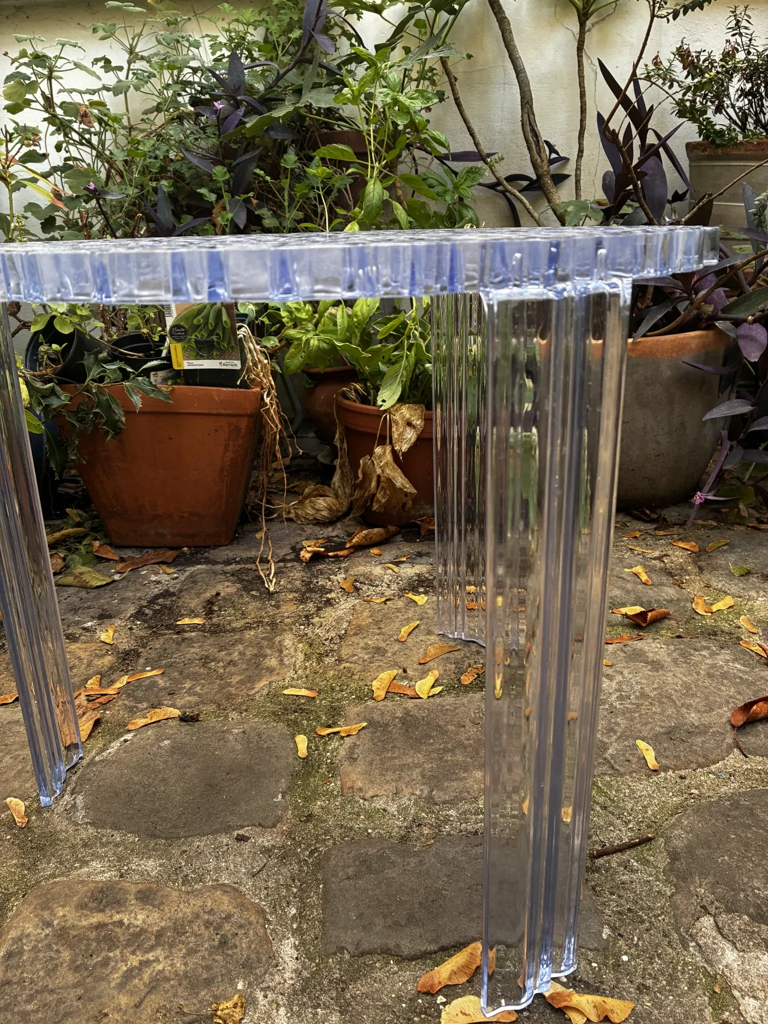 Coffee table T table KARTEL blue-tinted plexiglass design by Patricia Urquiola