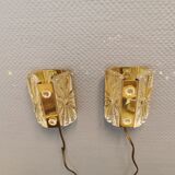 Set of wall lamps in brass colored suspension with thick pressed glass, from Danish Vitrika 1970s.