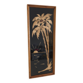 Cadre vintage palmier et soleil en bois ou osier
