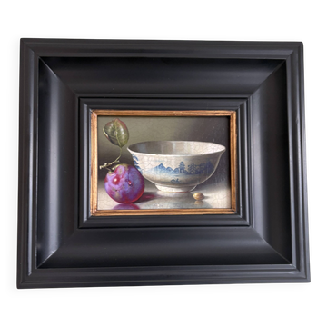 Beautiful still life with plum and bowl.