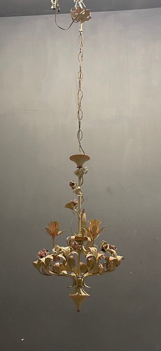 Italian Tole and Ceramic Rose Chandelier