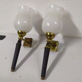 Pair of brass and white opaline wall sconces