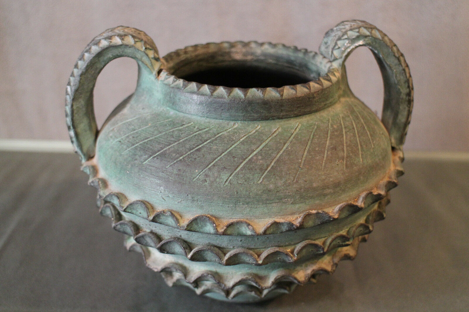 Terracotta vase with ceramic bronze green patina vase