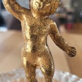 Tray / ashtray on a stand with cherub (glass and gilded metal)