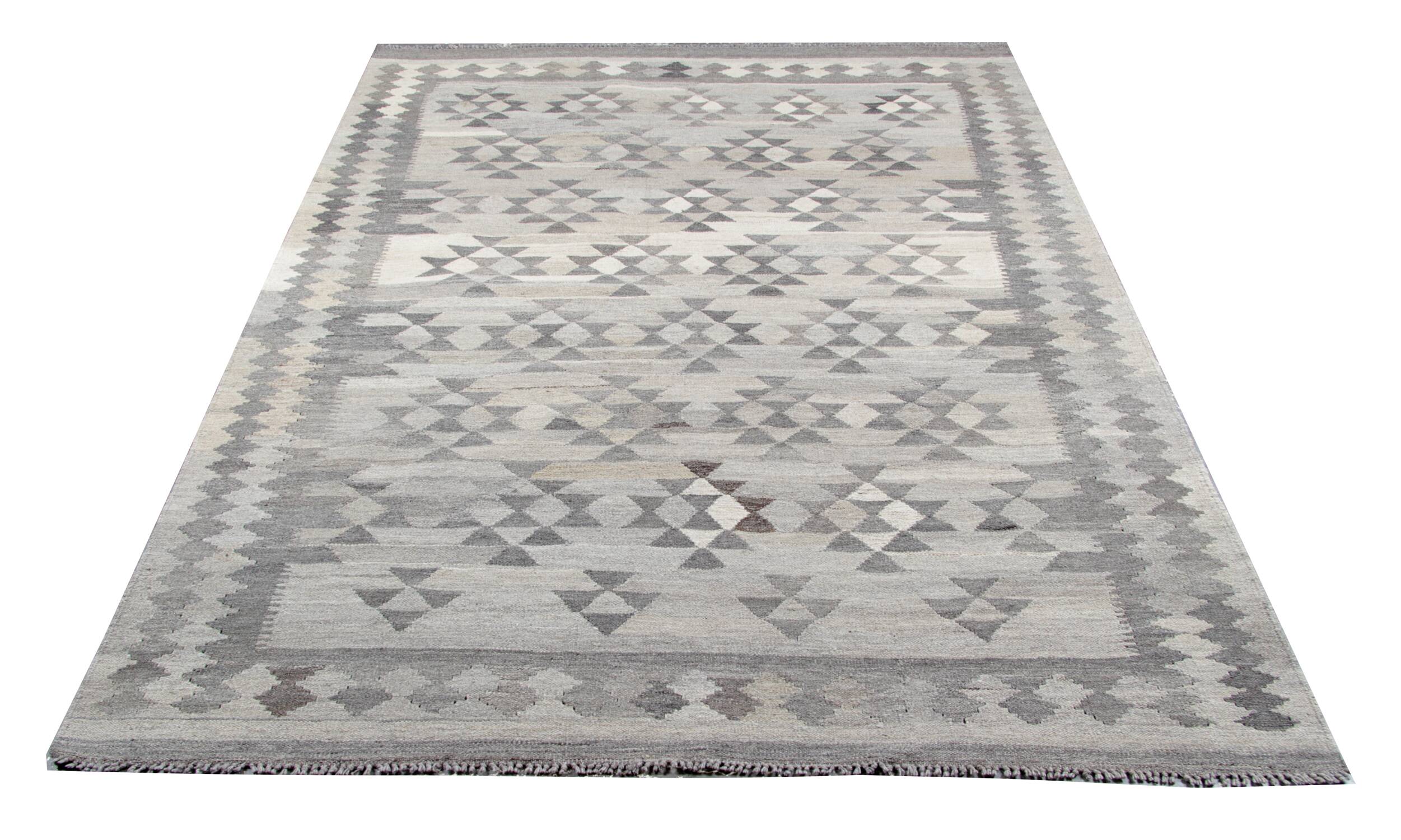 Handmade Afghan Kilim Rug, Grey Wool Geometric Flatweave Carpet 239x175cm