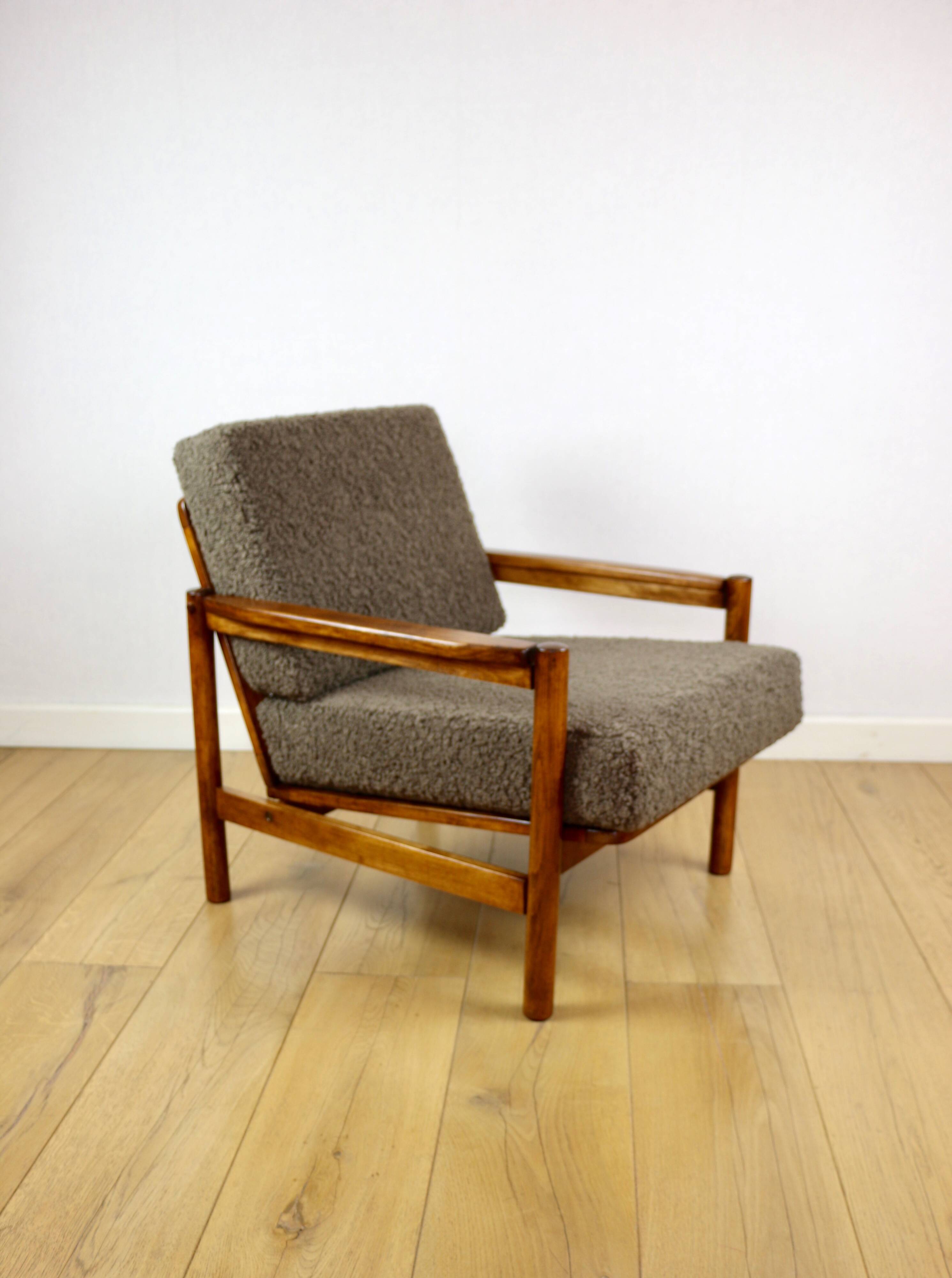 Wooden armchair designed by Z. Baczyk brown vintage chocolate brown boucle lamb