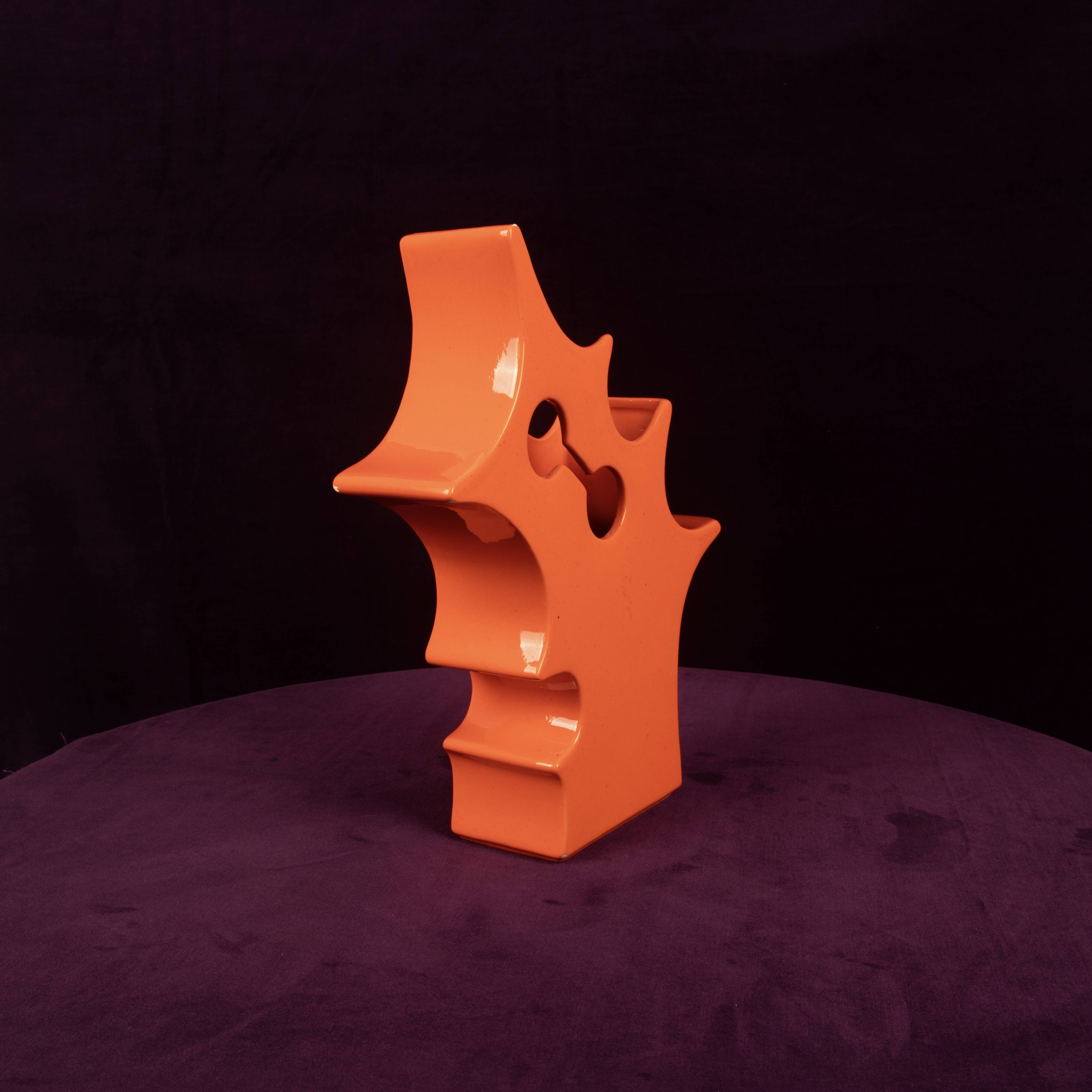 Abstract Orange Ceramic Sculptural Vase, Postmodern / Space Age, Italy, 1980