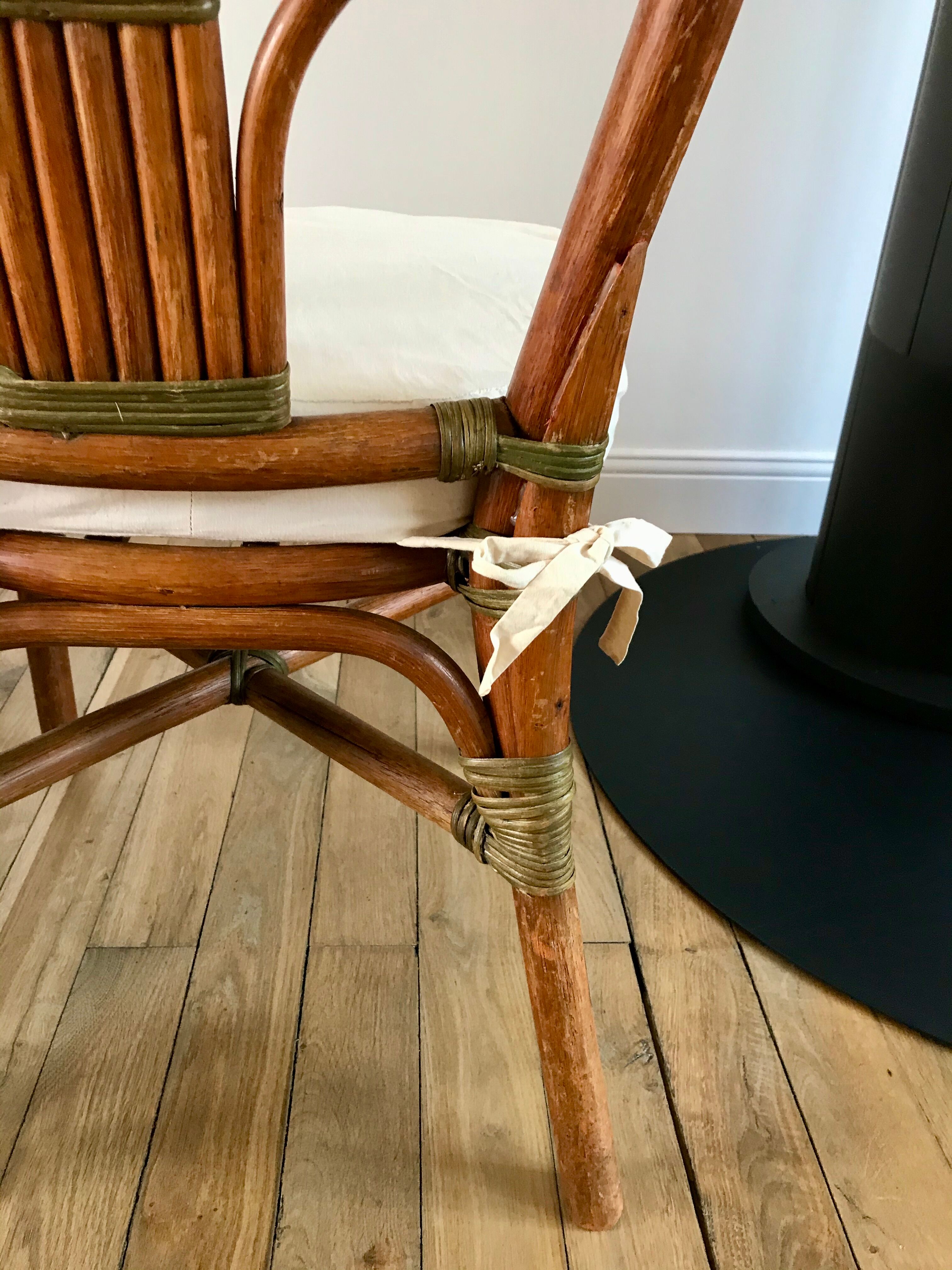 Set of 3 rattan / bamboo chairs with cushions years 1960-1970