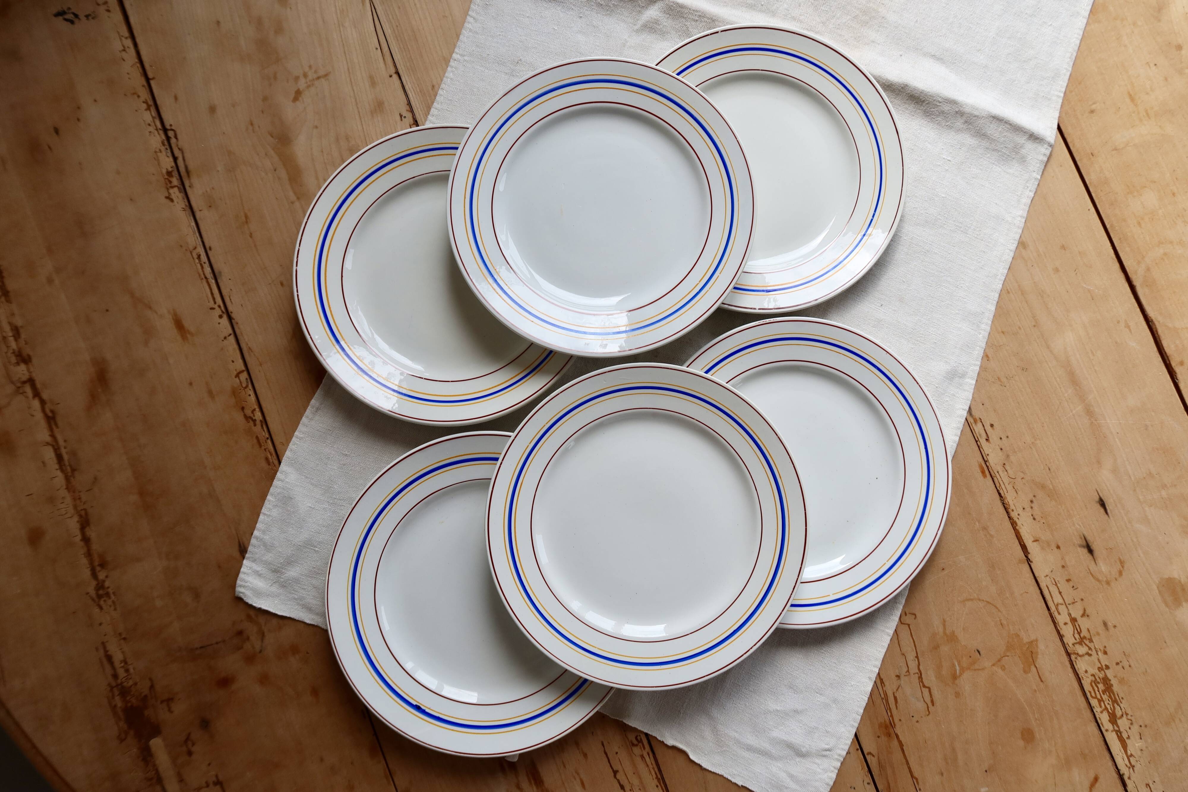 Vintage flat plates Céranord Saint-Amand red, blue, yellow stripes