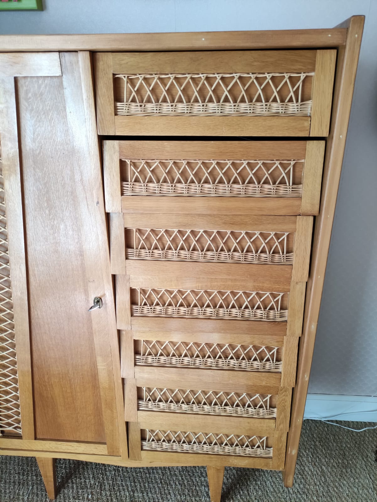 Vintage wood and rattan cabinet
