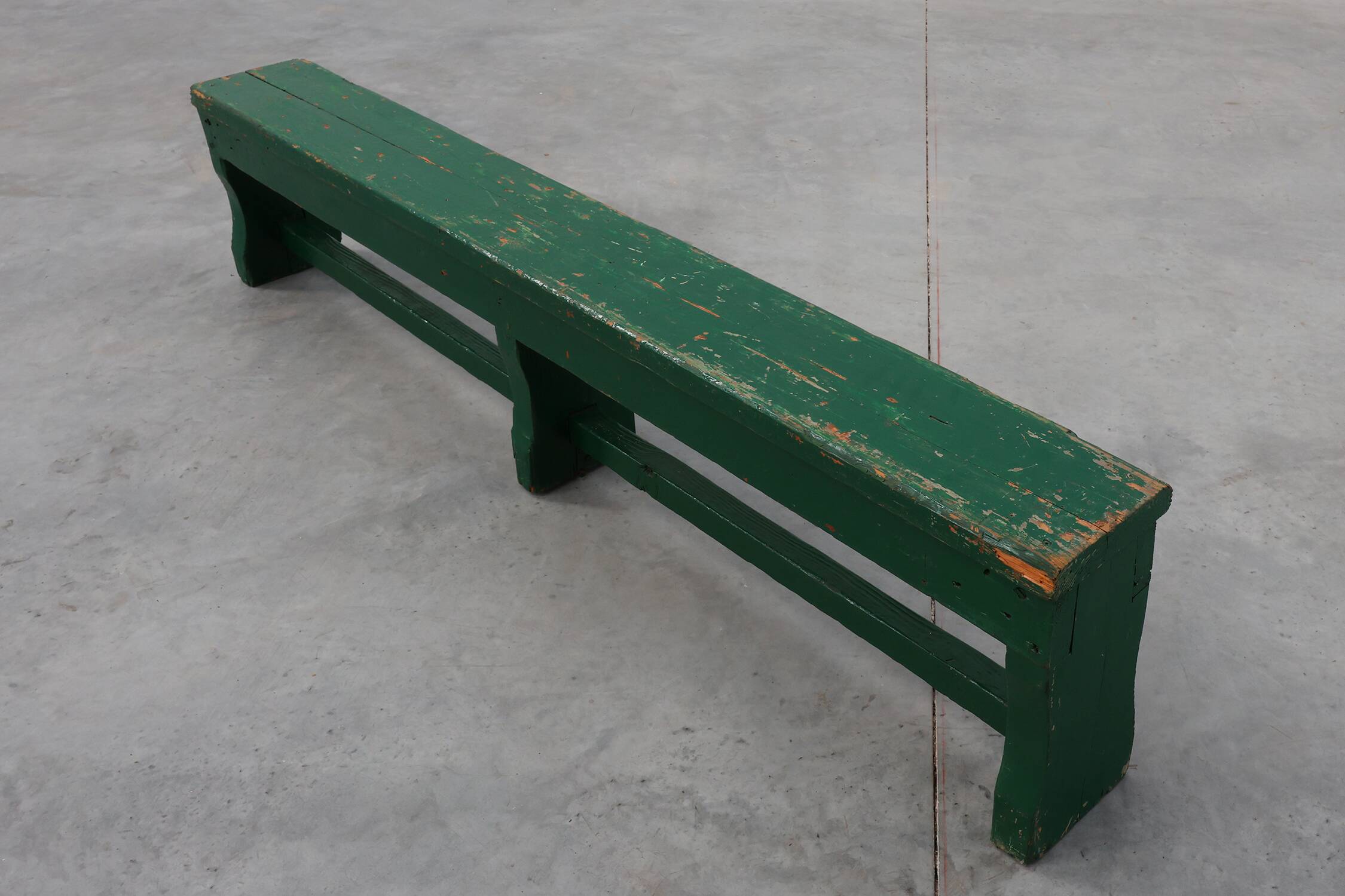 Rustic primitive green farmhouse bench in solid oak, France ca. 1900