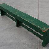Rustic primitive green farmhouse bench in solid oak, France ca. 1900