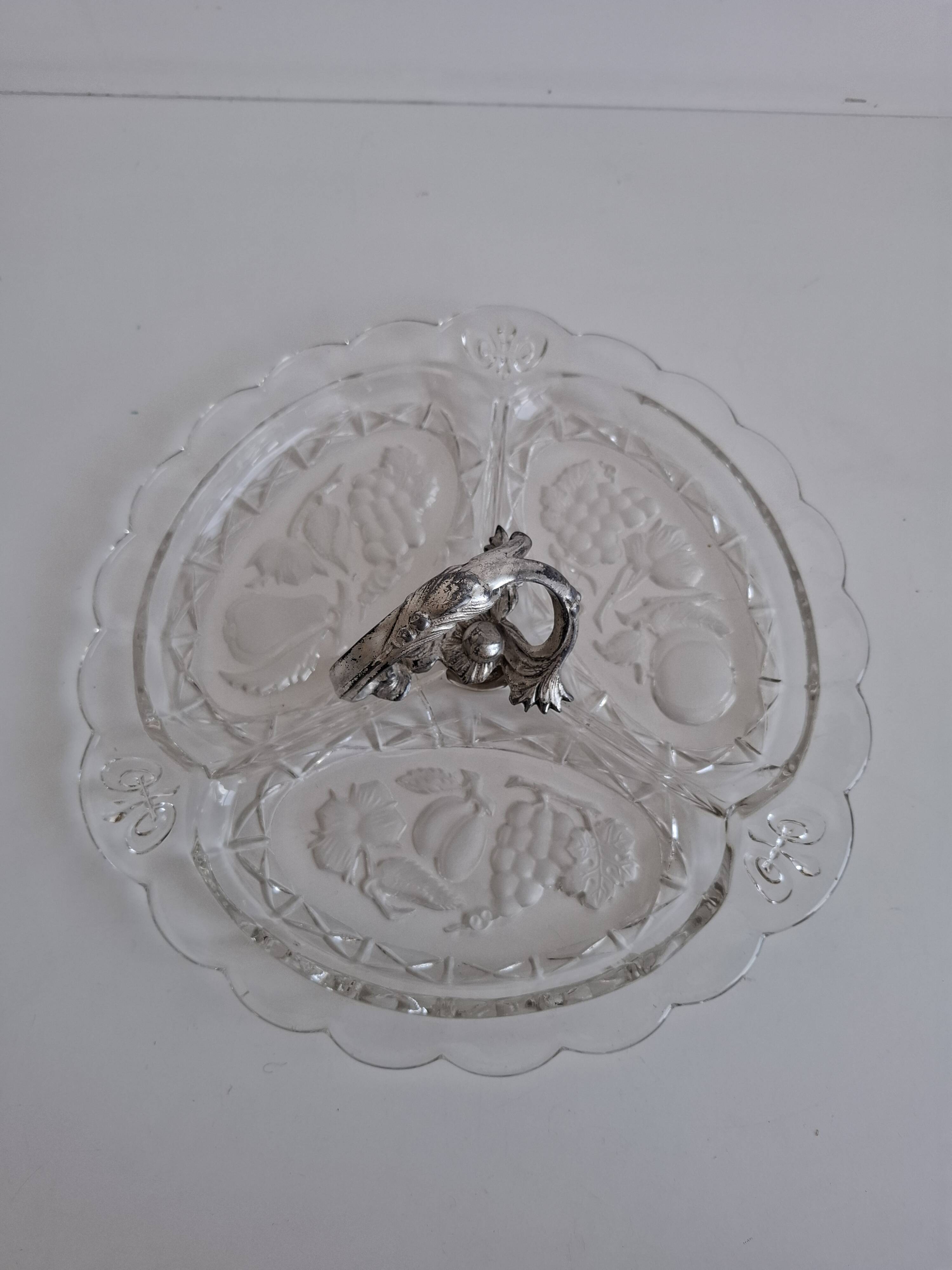 Art Deco Pressed Glass Divided Serving Dish with Alpaca Handle, 1930