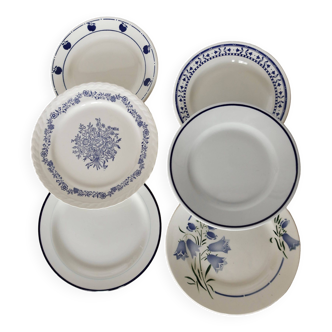 6 assiettes à dessert vintage dépareillées bleue blanche cottage core lot A0