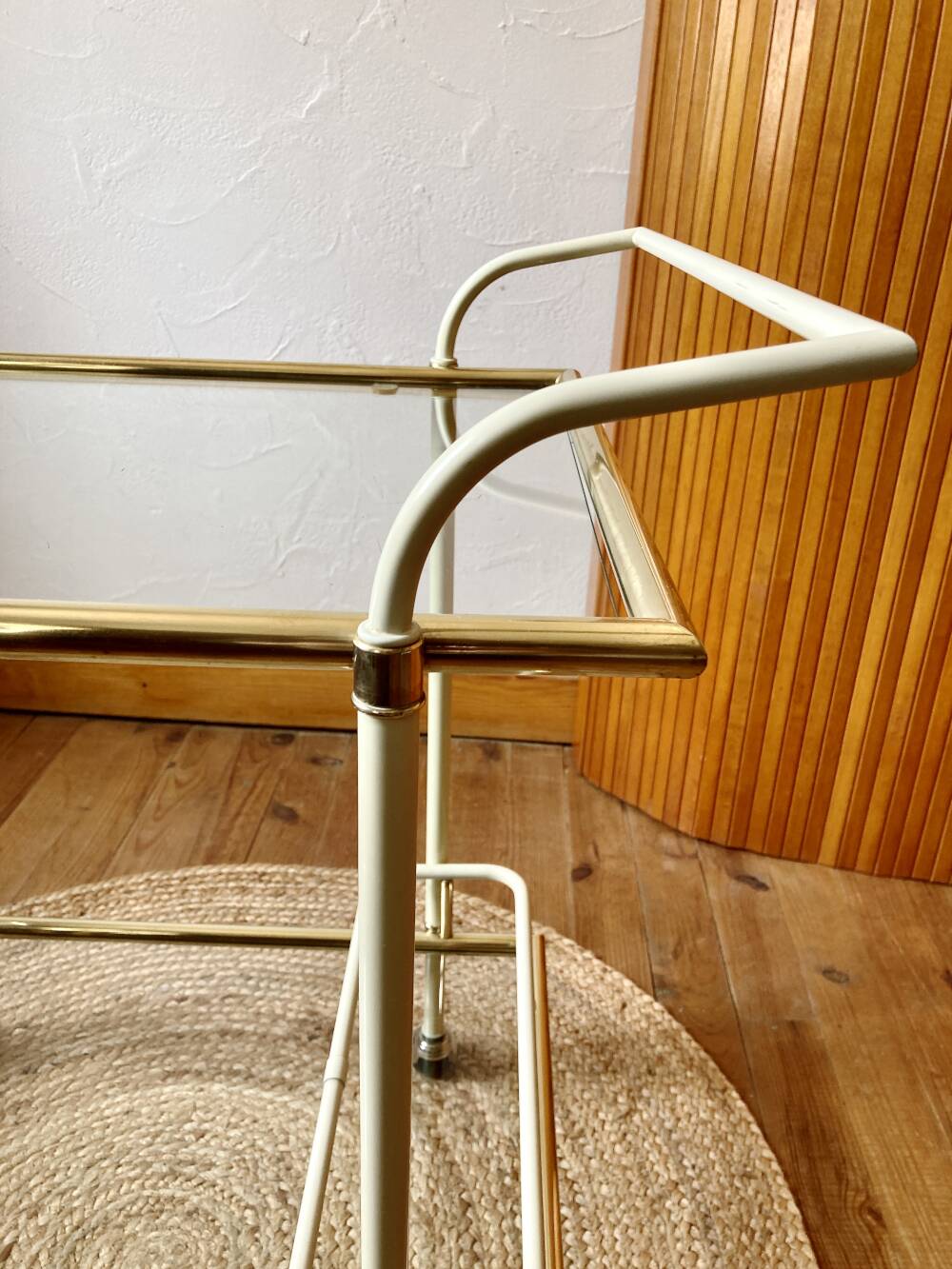 Dessert table with a cream-coloured metal structure and golden brass, 1960s.
