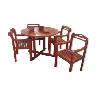 Iroko wood table and 4 armchairs