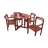 Iroko wood table and 4 armchairs