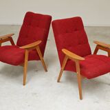 Pair of red armchairs by Jaroslav Smidek for Ton (Thonet) 60s