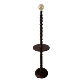 Vintage wooden turned floor lamp with integrated shelf.