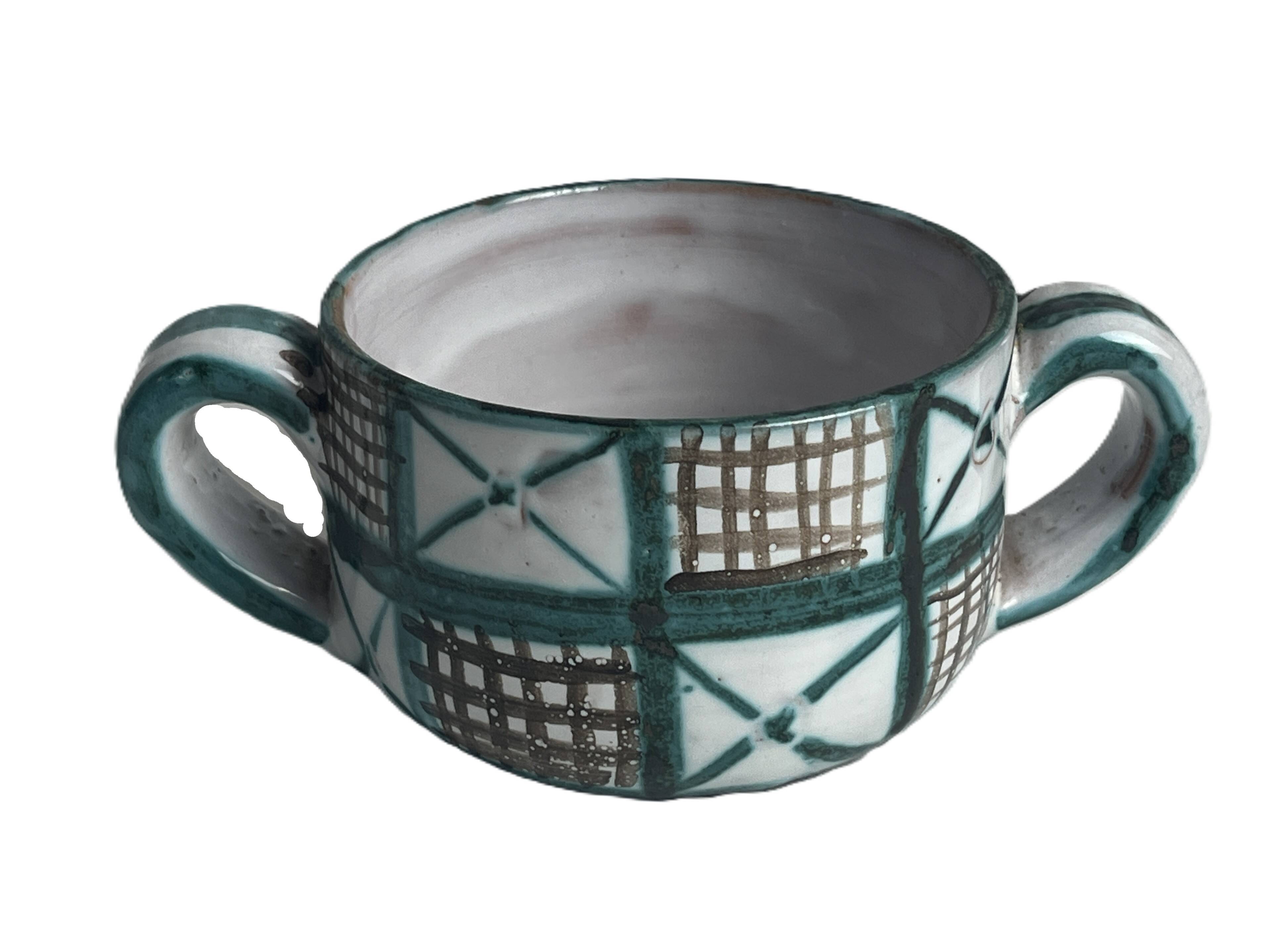 Robert Picault, bowl with two handles, polychrome earthenware, 20th century.