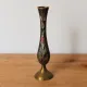 Vintage brass soliflore vase with black, red, and green floral decoration – H 18 cm