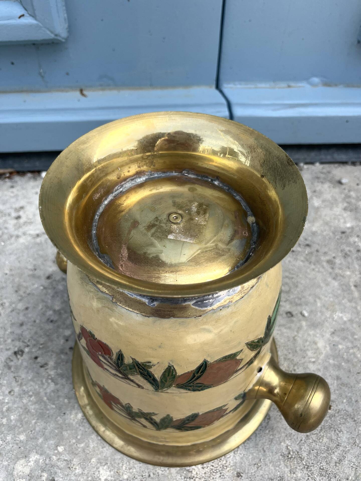 French Brass Cloisonné Style Champagne Bucket with Hand-Painted Fruit