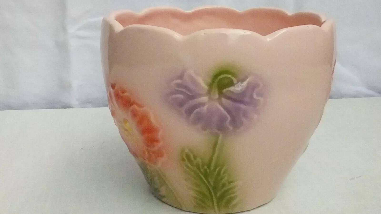 Barbotine earthenware planter with poppy flower decor