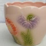 Barbotine earthenware planter with poppy flower decor