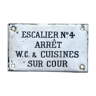 Old enamelled plaque "Staircase No. 4 Stop W.C. and Kitchens on Court". 1930's/1940's. Enamelled plate. Kitchen decoration. Door plate. Interior decoration.