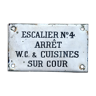 Old enamelled plaque "Staircase No. 4 Stop W.C. and Kitchens on Court". 1930's/1940's. Enamelled plate. Kitchen decoration. Door plate. Interior decoration.