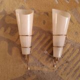 2 60's design wall lights in italian brass and glass