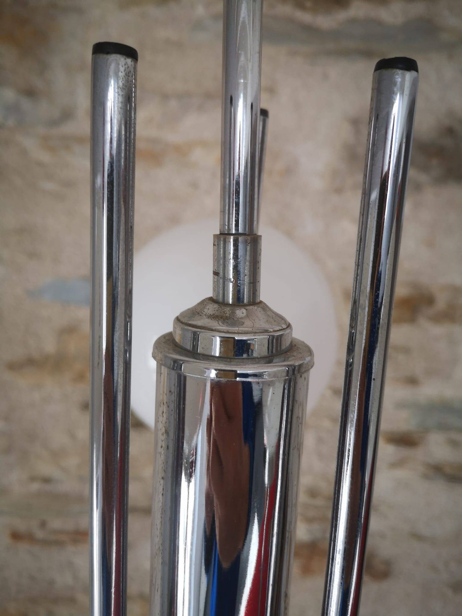 Old 3-light globe opaline stainless steel pendant/chandelier 1960/1970 space age vintage