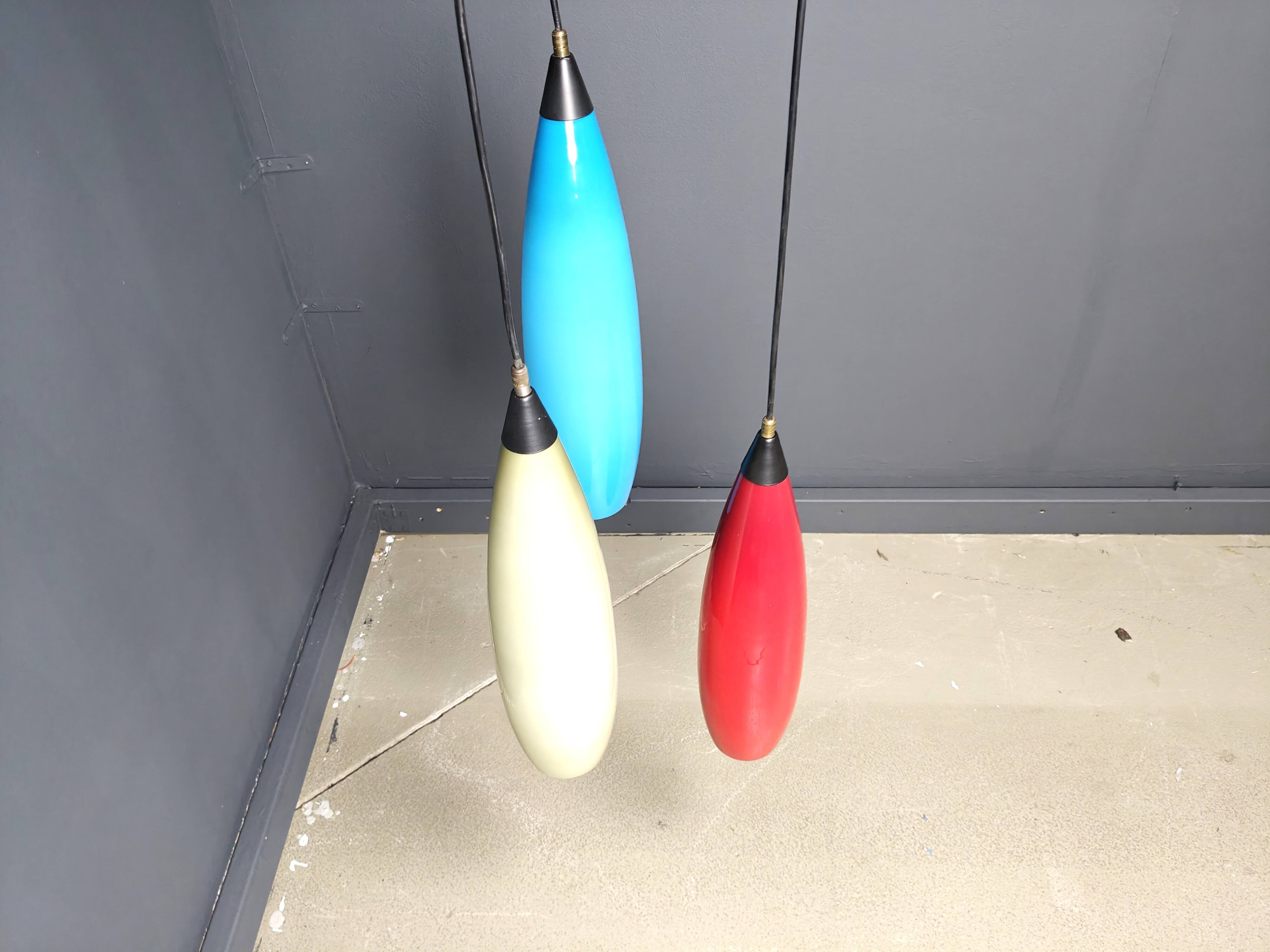 Vintage 3 glass pendant lights by Vistosi, 1970s