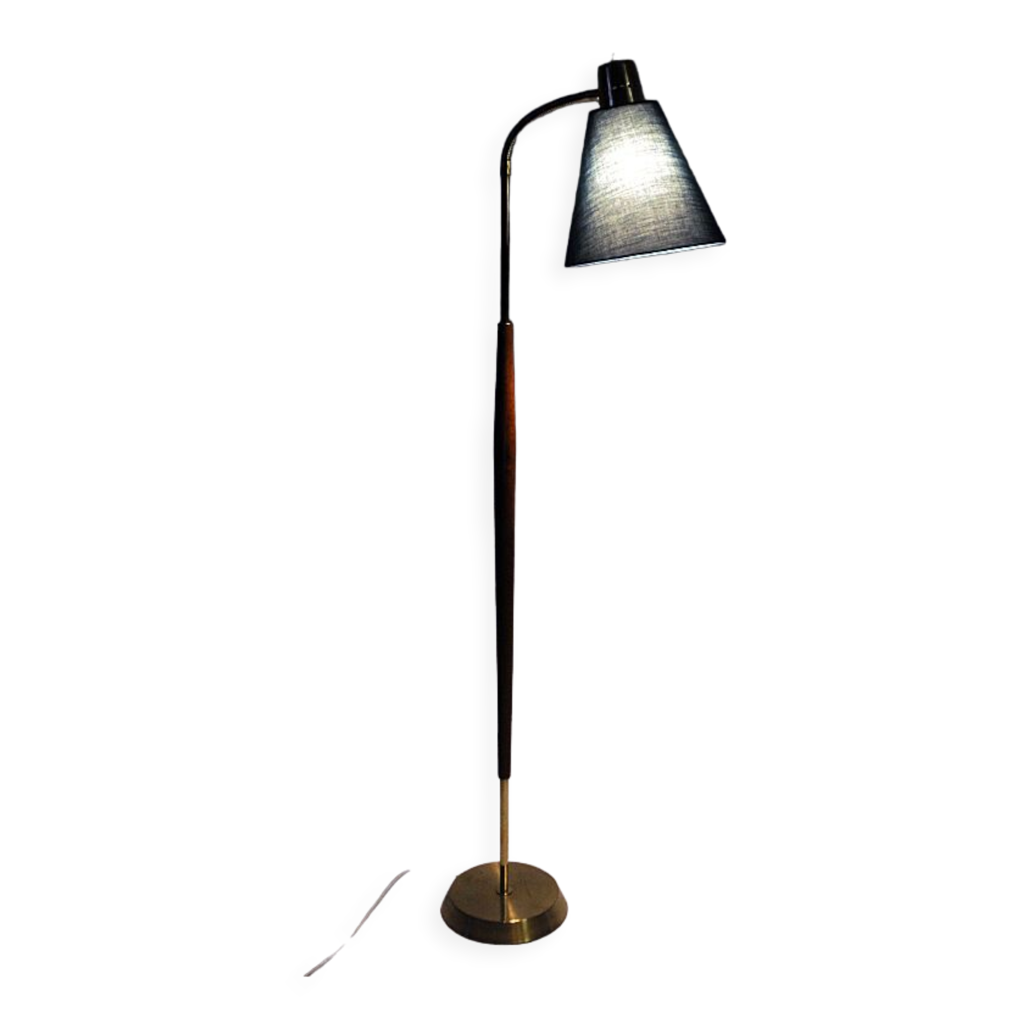 Lampadaire vintage en teck et laiton avec abat-jour vert par Borèns, Borås, Suède 1950s