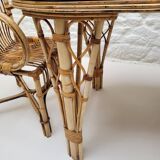 Audoux Minet duo table with bamboo rattan and smoked glass armchairs