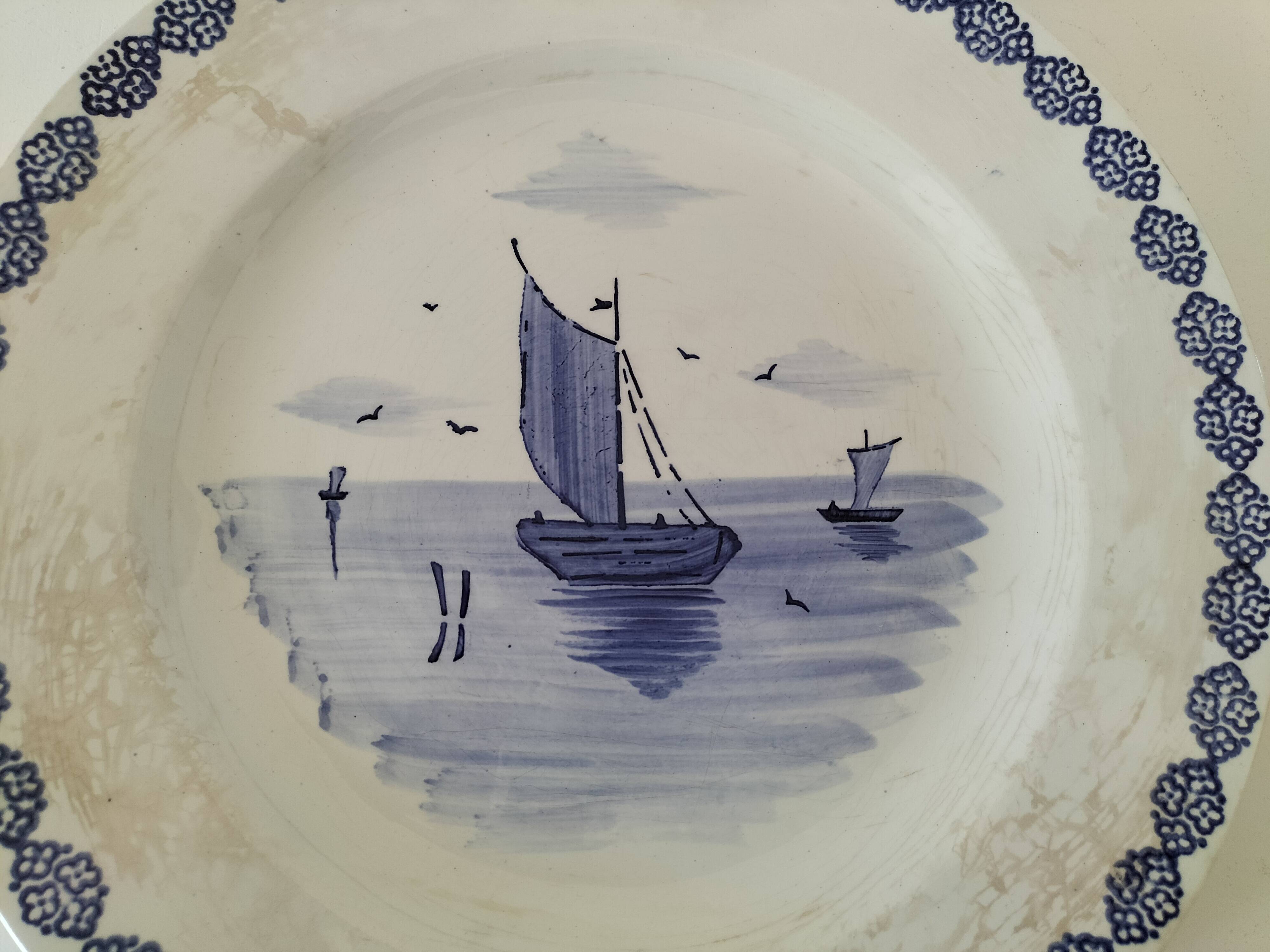Large antique dish with a sailing boat design – signed A. Lebacqz & M. Bouchart
