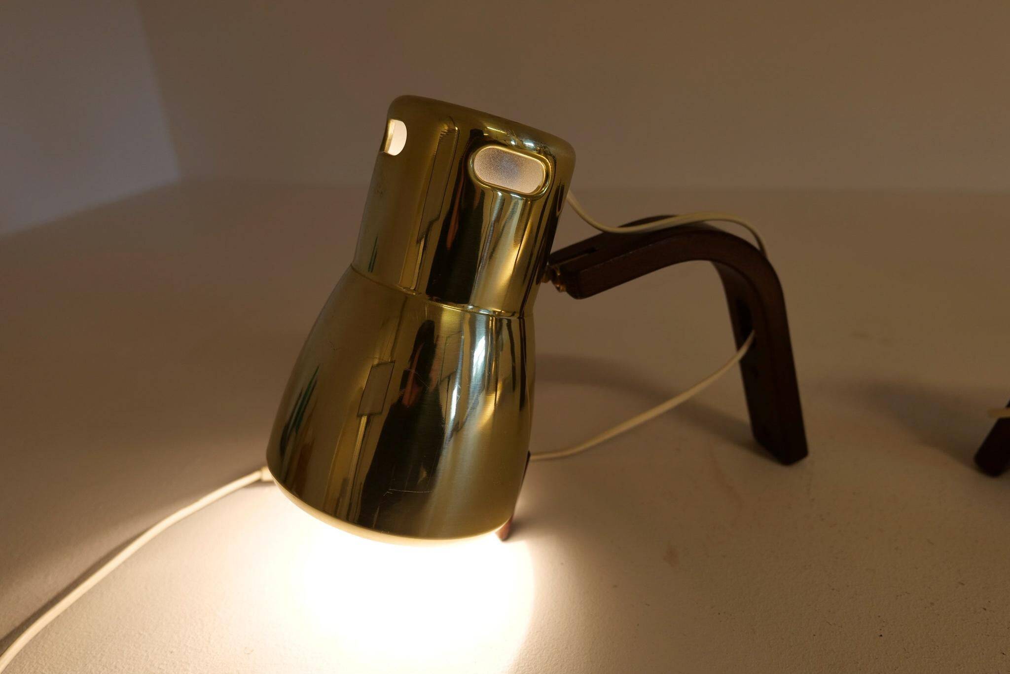 Hans-Agne Jakobsson Wall Lamps in Brass and Stained Wood, Sweden, 1970s