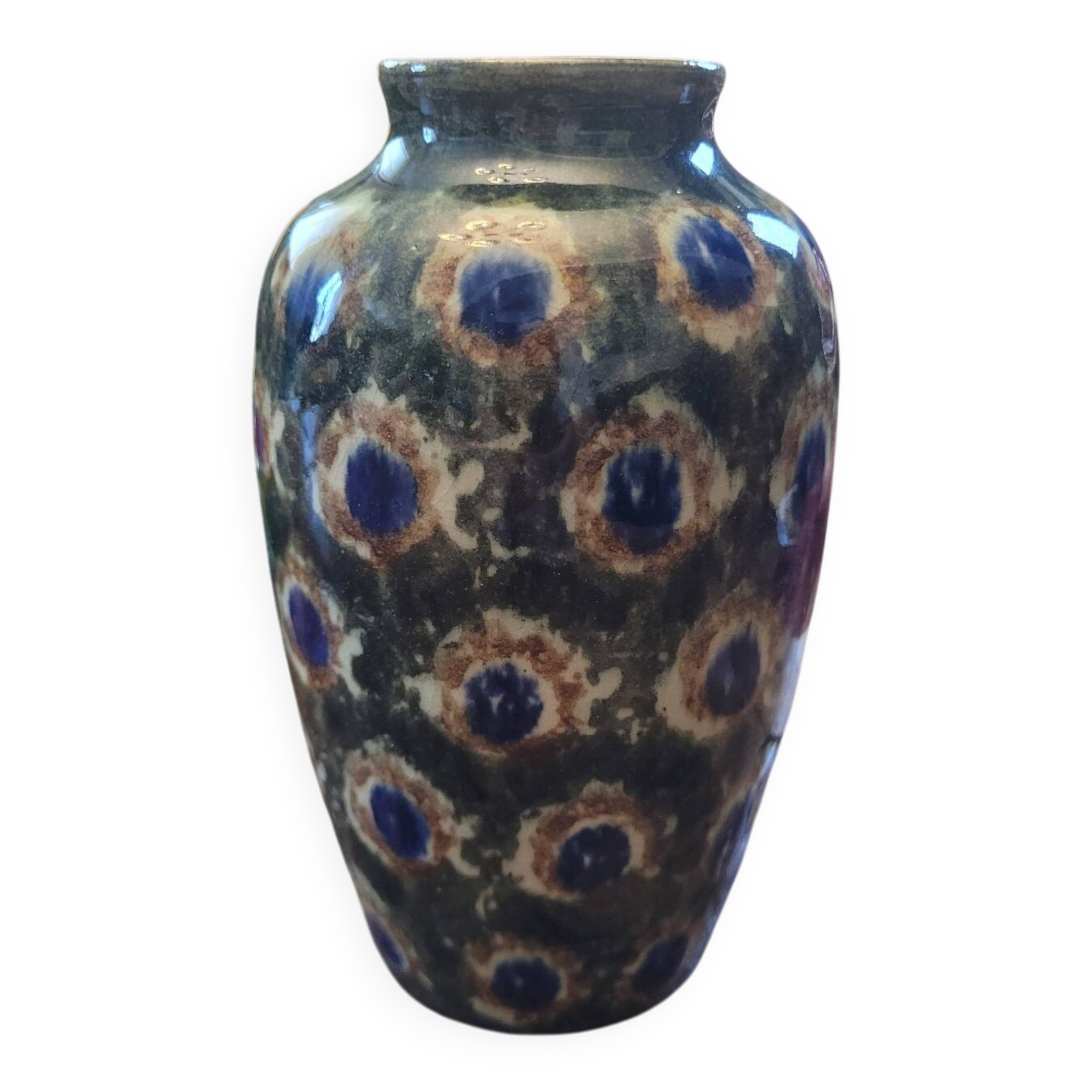 Glazed stoneware vase – “Peacock feathers” motif – 1930/1950 – 16 cm