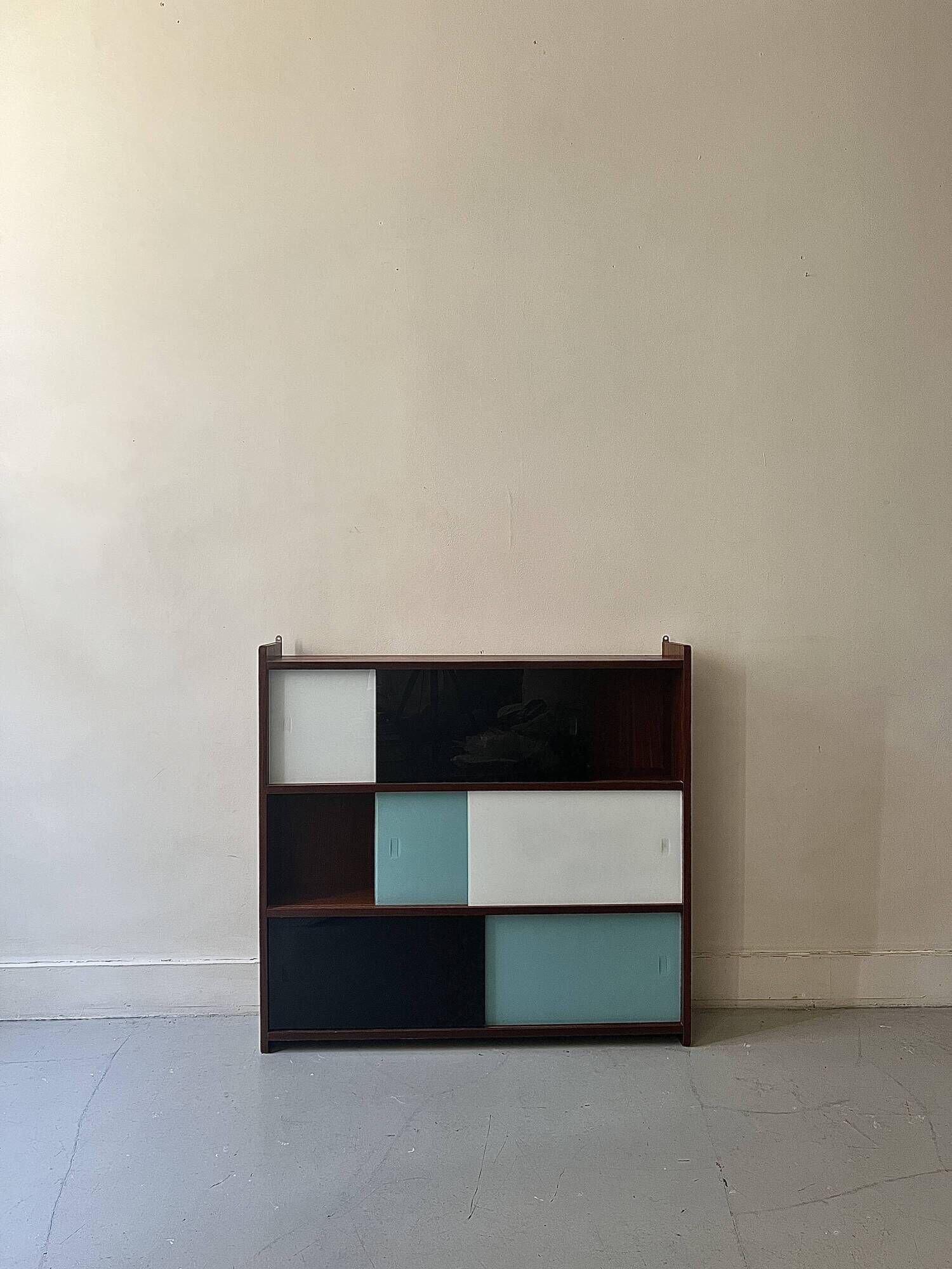 Large closed bookcase in wood and glass, Oscar Furniture design, 1950s